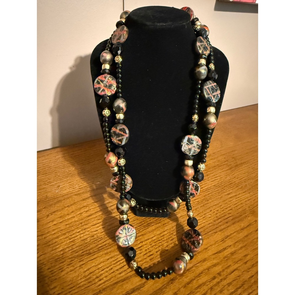 Artisan Hand Painted Abstract Bead Long Statement Necklace Black Gold Terracotta